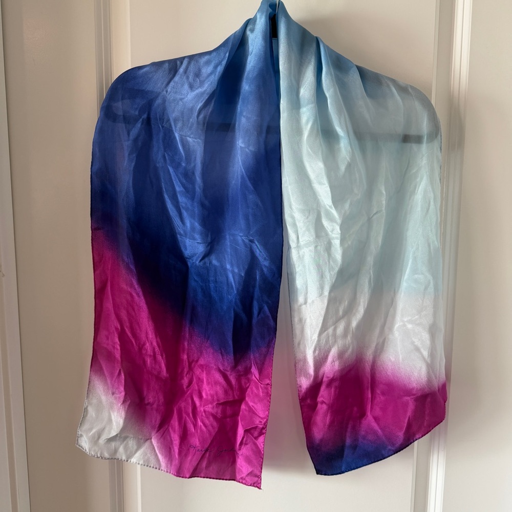 Vintage Karla Jordan Silk Scarf Ombré Blue Magenta Rolled Edges 50 x 11 Inches